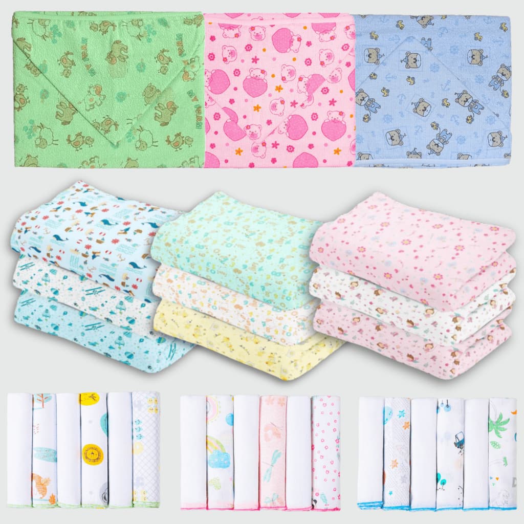 Kit 10 Peças Enxoval Bebê Recém Nascido Completo - 3 Cueiro Grande + 6 Paninhos de Boca + 1 Toalha de Banho Com Forro e Capuz - Estampados, Grande, Macio, Confortavel, Kit Maternidade