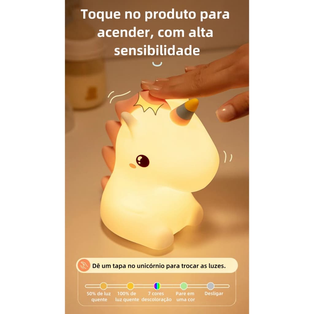 Luminária Abajur Unicórnio Decoração Infantil Luz Noturna Led Recarregável LED RGB Presente Aniversário