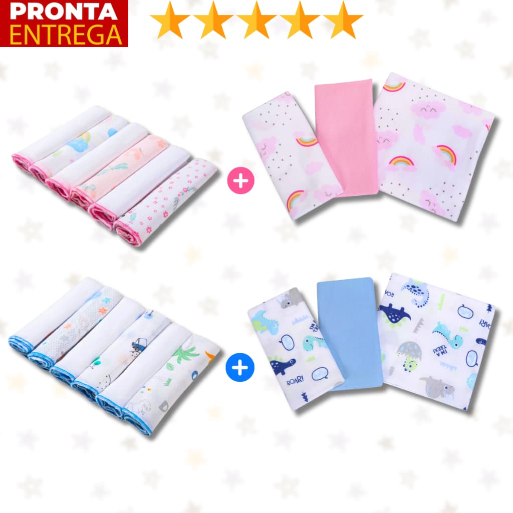 Kit 9 Peças Enxoval Bebe 3 Cueiros 6 Paninhos De Boca Babete 100% Algodão Estampado