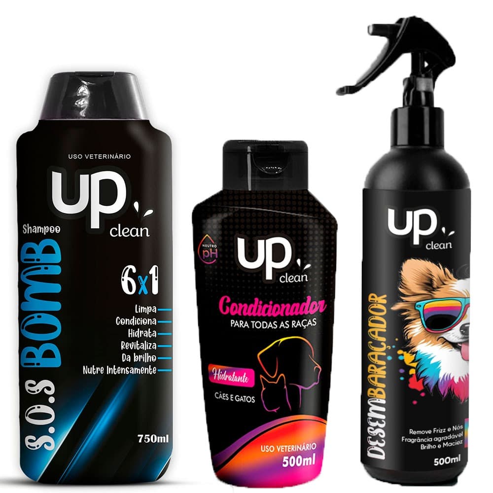 Kit para Cachorro Shampoo Bomb 6 em 1 + Condicionador Universal + Desembaraçador de Pelos Kit Banho Pet UP Clean