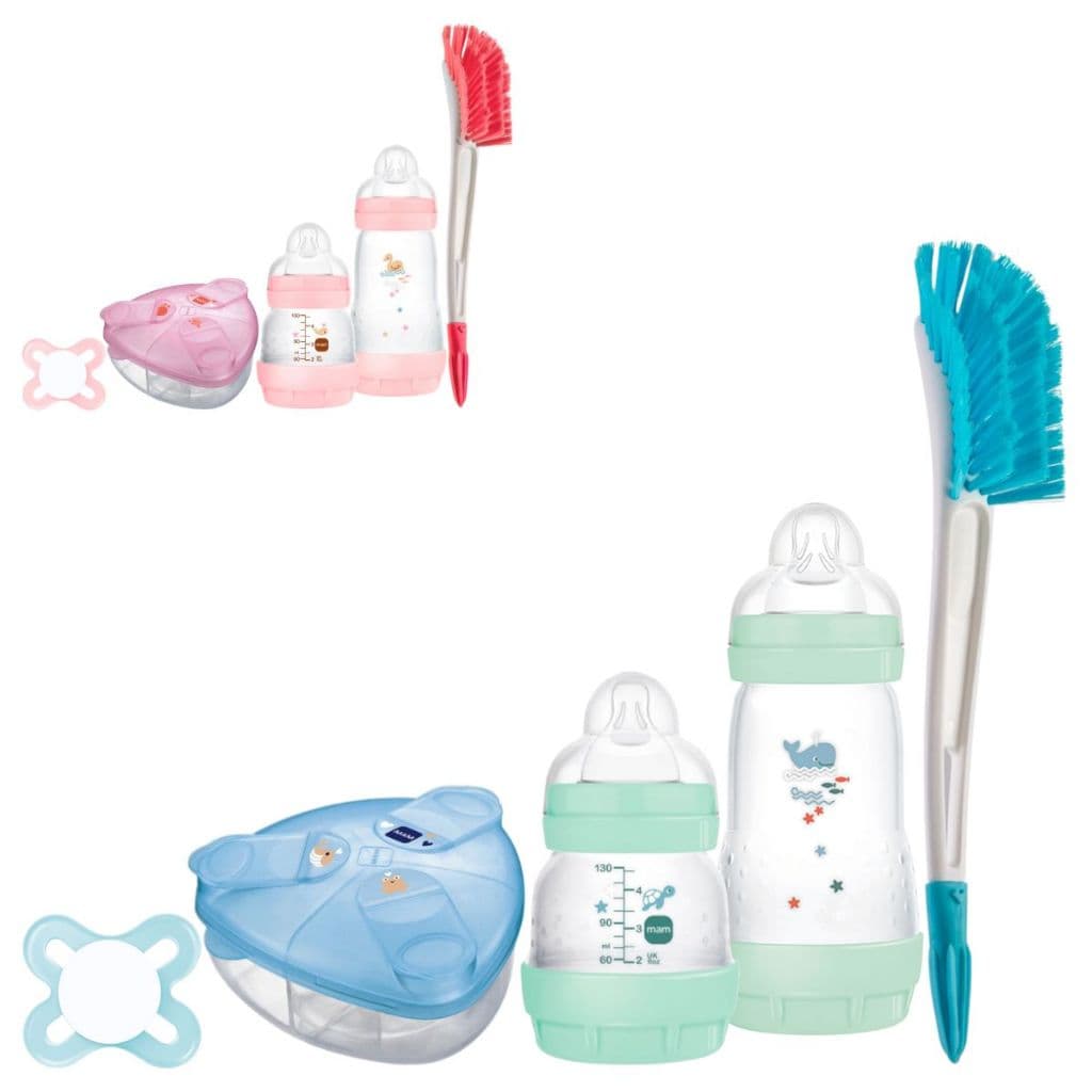 Kit 2 Mamadeiras Mam Easy Start Anticólica 130ml 260ml + Pote Dosador Medidor Porta Leite em Pó Mam + Chupeta Mam Start 0-2 Meses + Escova para Mamadeira com Limpador de Bico Buba