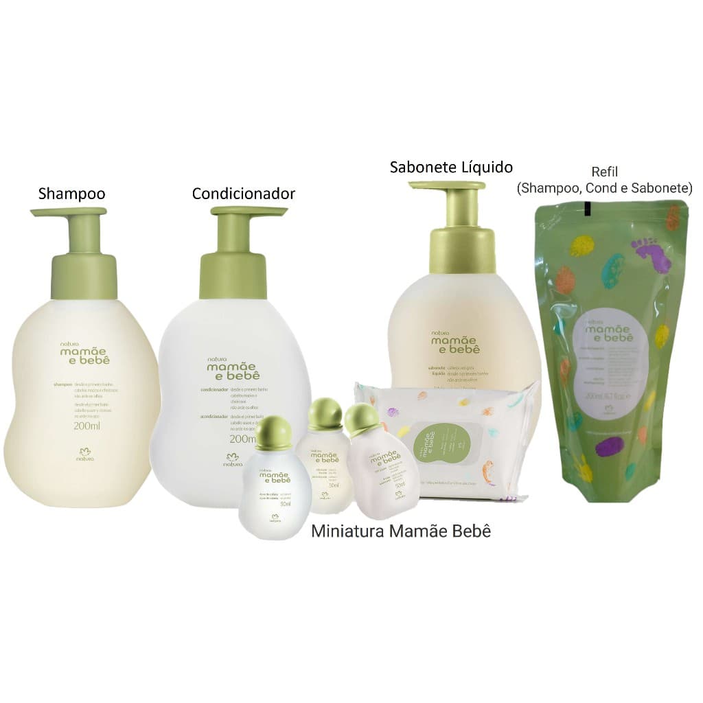 Natura Mamãe e Bebê: Shampoo, Condicionador, Sabonete, Conjunto Miniatura e Lenços Umedecidos
