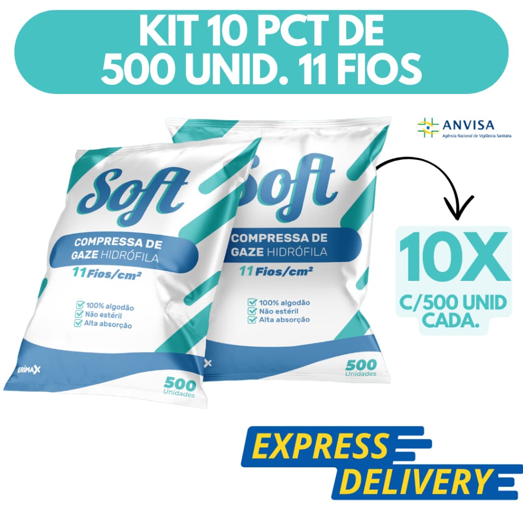 Kit 10 Compressa De Gaze 500 Unidades 11 Fios Soft Hidrófila Gazes Descartável Anvisa 5000 Unidades