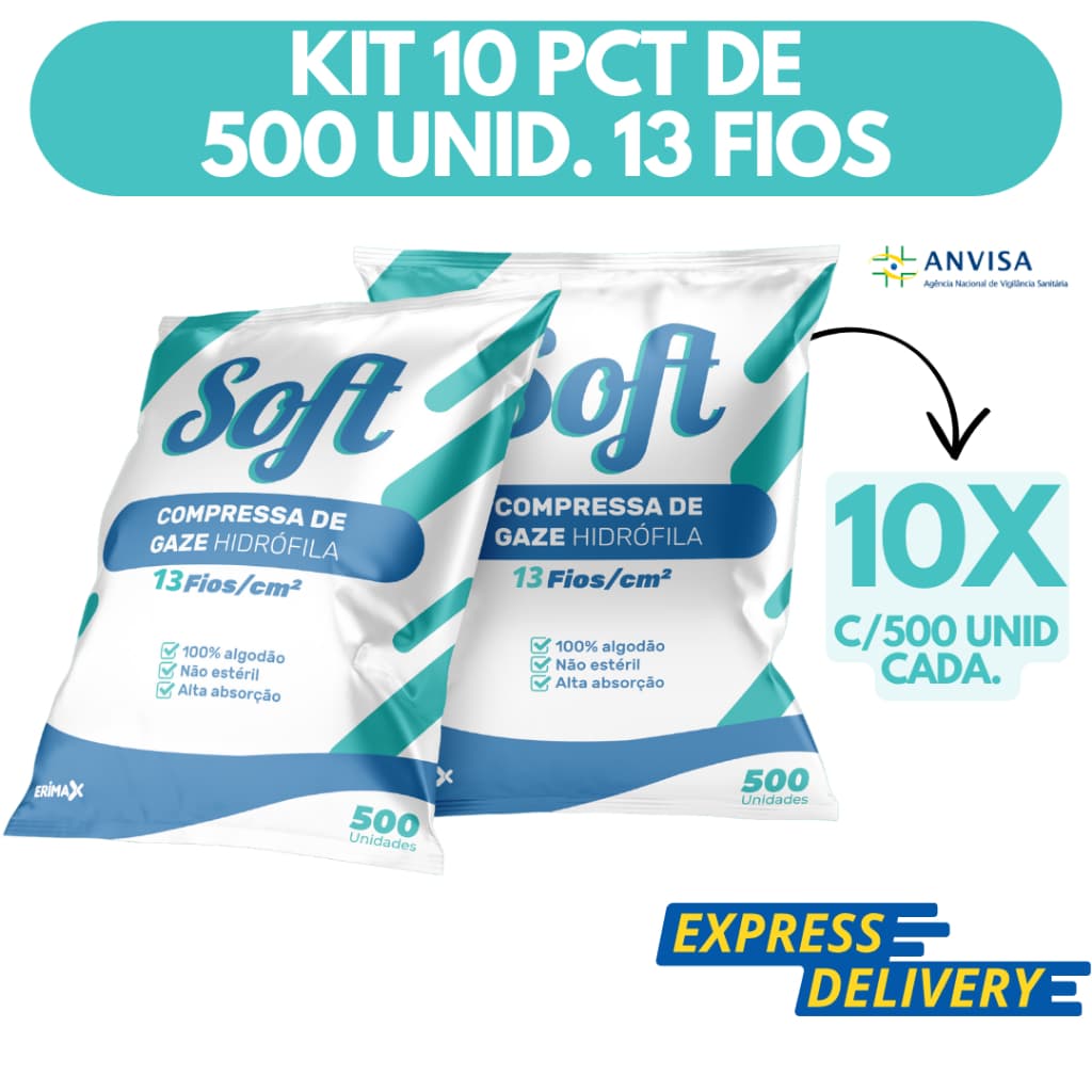 Kit 10 Compressa De Gaze 500 Unidades 13 Fios Soft Hidrófila Gazes Descartável Anvisa 5000 Unidades