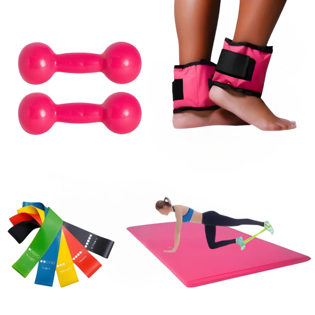 Kit Par Halter 3kg + Par de Caneleiras 3kg + Colchonete + 5 TheraBand Academia Treino Funcional