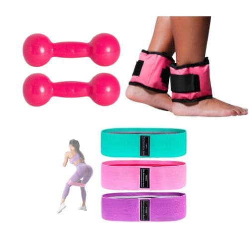 Kit Funcional Par de Halter 3kg Emborrachado + Par de Caneleira 3kg + 3 Mini Band Treino em Casa