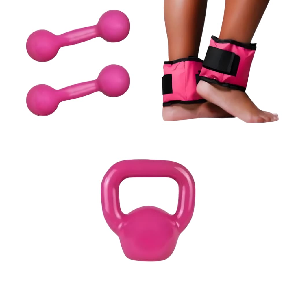 Kit Funcional Par de Halter 3kg + Caneleira 3kg + Kettlebell 4kg Emborrachados Treino