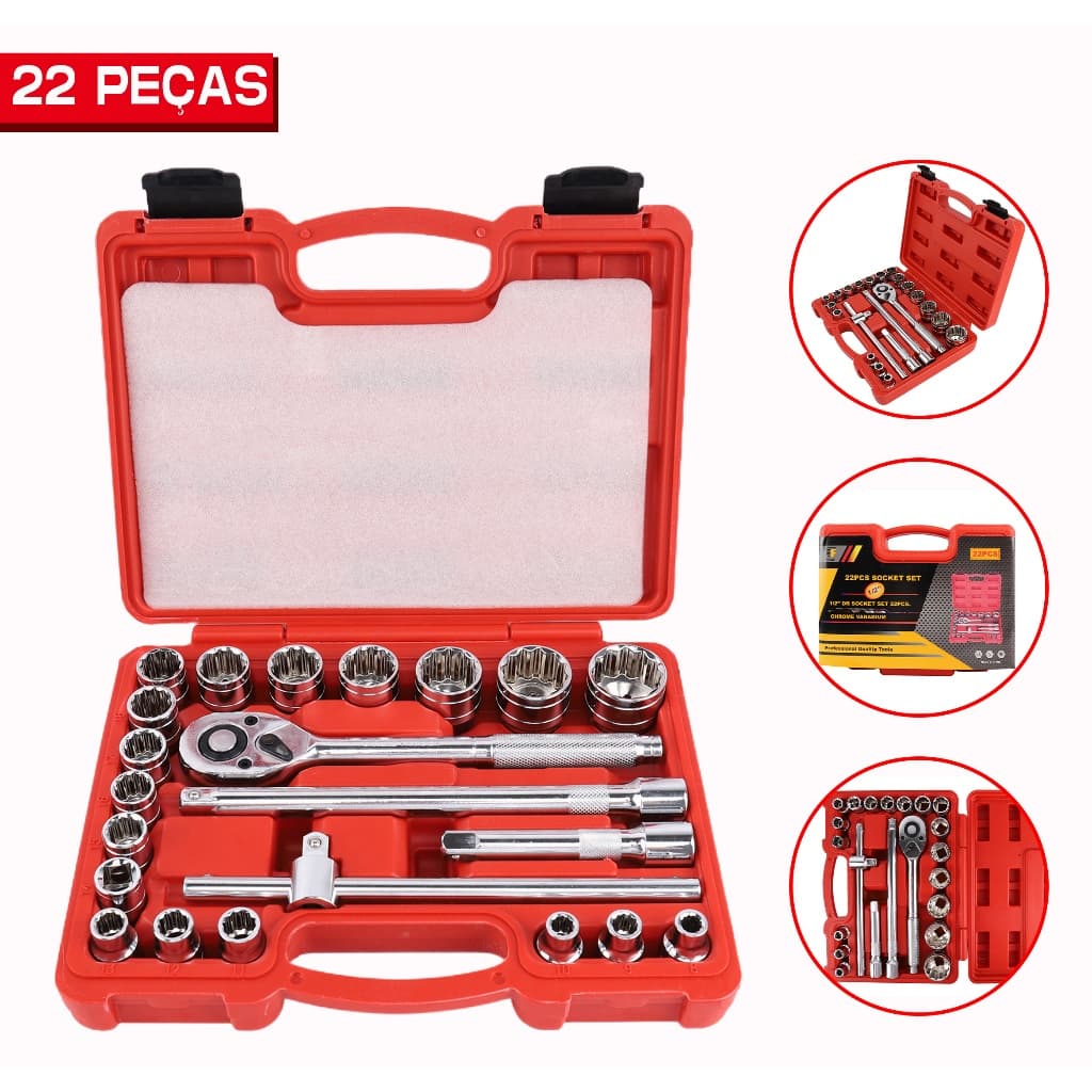 Kit Jogo Soquetes Estriados 22 Pçs Chave Catraca Reversível Profissional