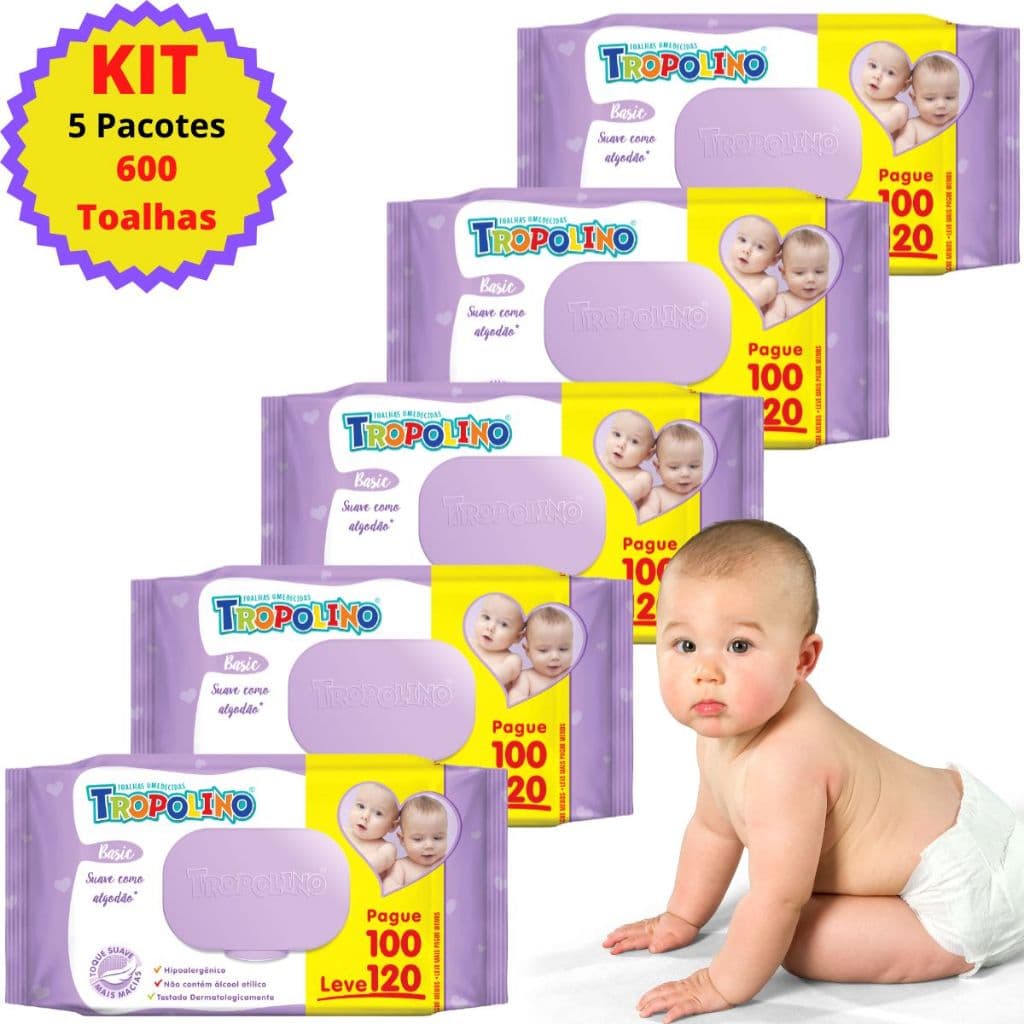 Kit 600 Toalhas Umedecidas Infantil Lenços Umedecidos Para Bebê - 5 Pacotes Com Tampa