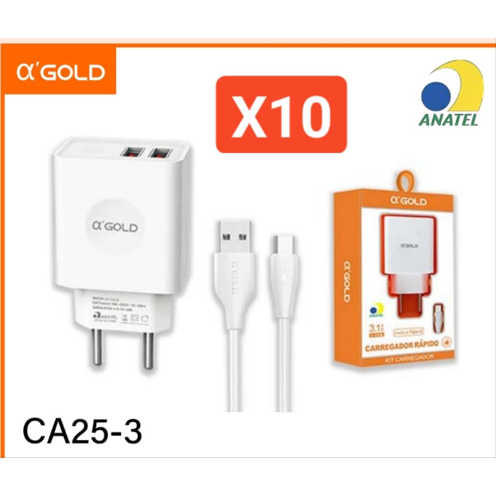 Kit 10pcs Carregador 3.1  Carregador Tipo-C 2 Usb Carga Rápida A`gold ca25-3