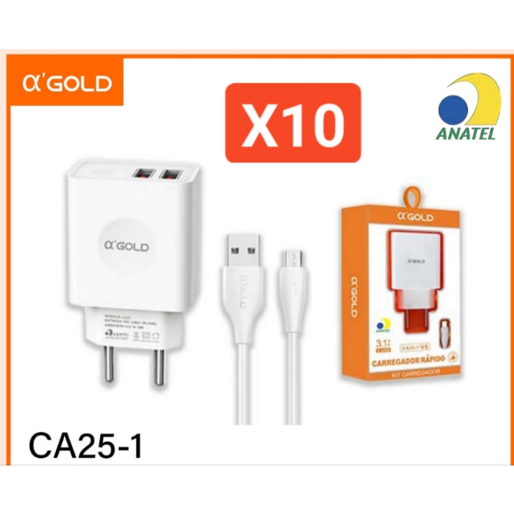 Kit 10pcs Carregador 3.1 Carregador Para V8 2 Usb Carga Rápida A`gold ca25-1