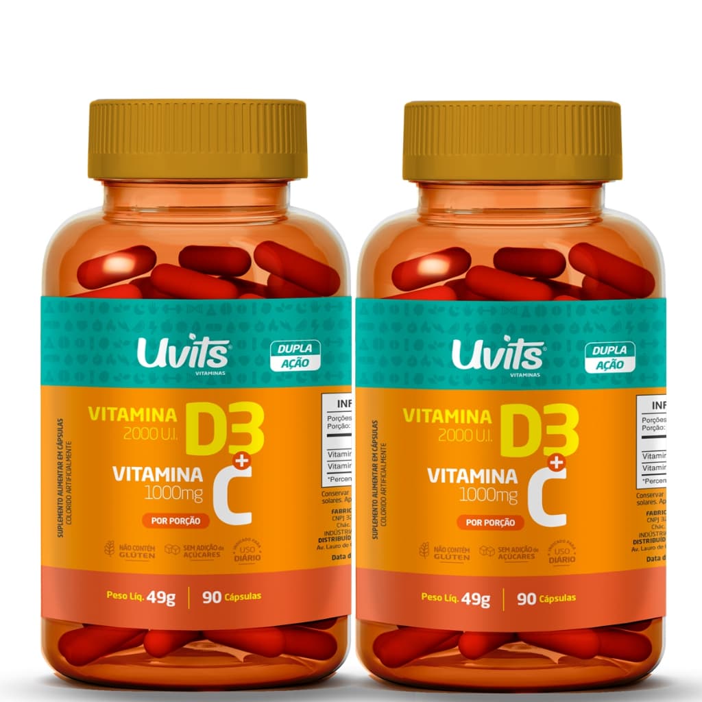 2x Vitamina D3 2000ui + Vitamina C 1000mg 90 Cápsulas - Uvits