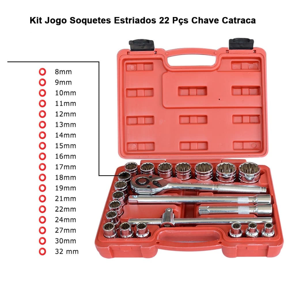 Jogo Soquetes Estriado Catraca 1/2 8 A 32mm 22 PEÇAS