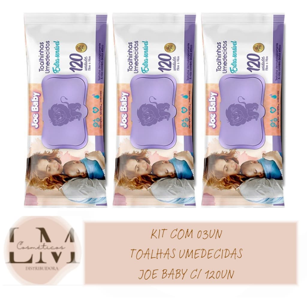 Kit com 03un Toalhas Umedecidas Joe Baby 120un (com Tampa)