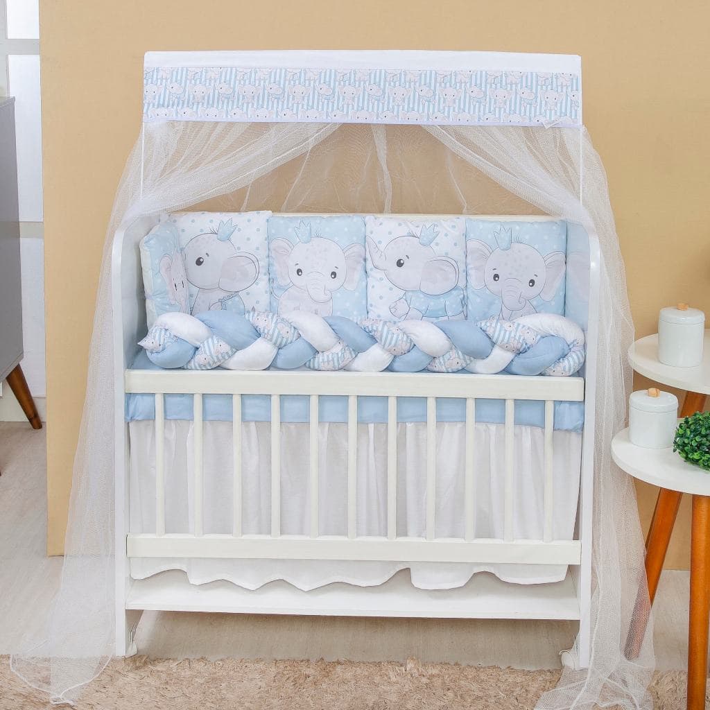 Kit Mini Berço com 12 peças + Saia de Berço Bebê Menino Elefante Azul