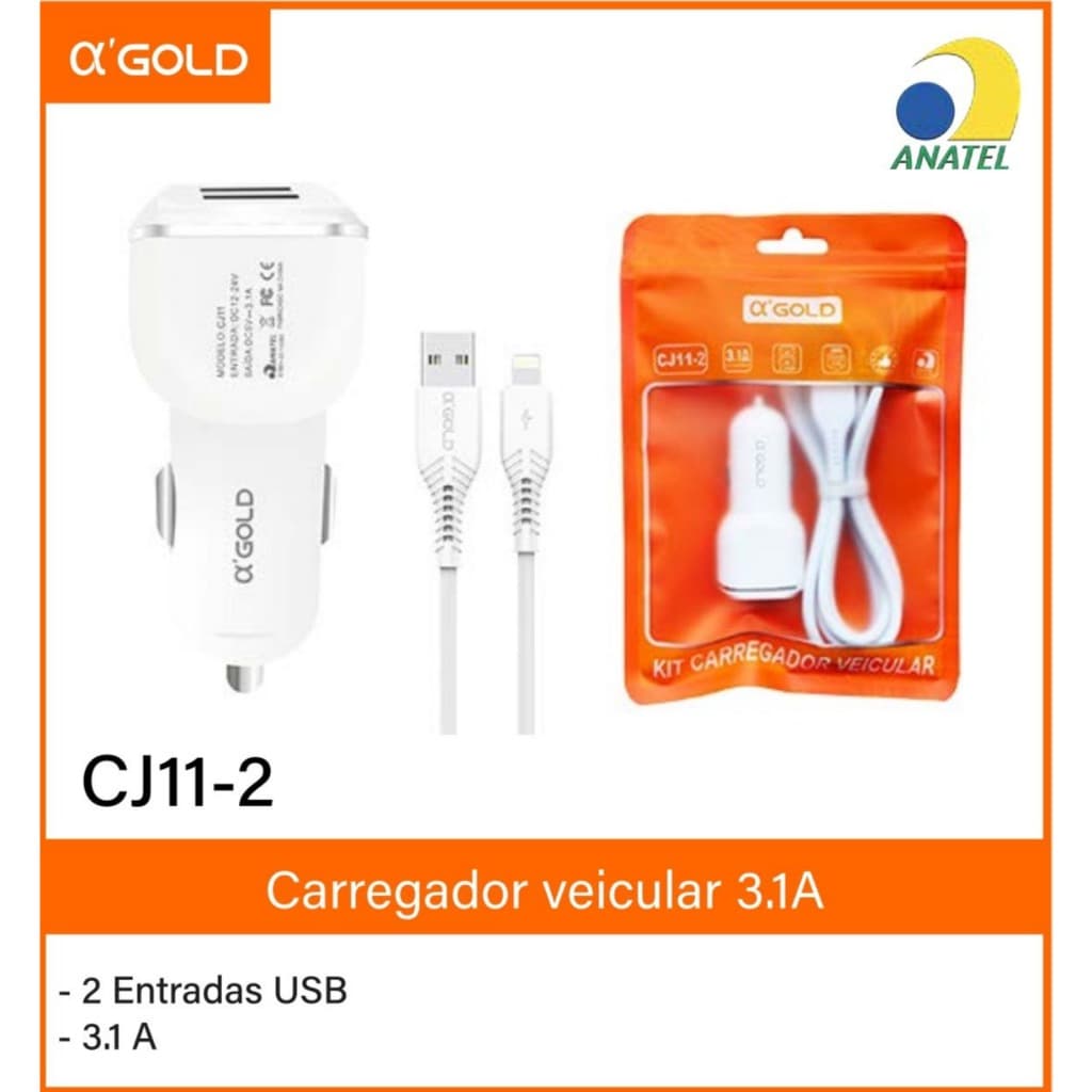 Kit Carregador Veicular USB TIPO-C/IOS A'Gold (CJ11-2/CJ11-3)