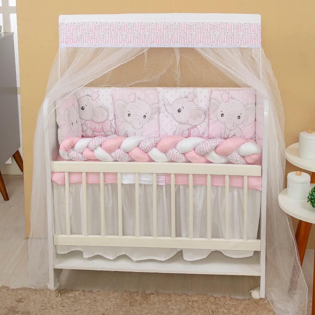 Kit Mini Berço com 12 peças + Saia de Berço Bebê Menina Elefante Coroa