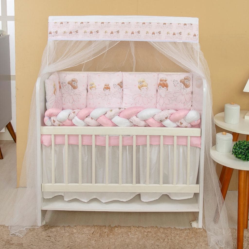 Kit Protetor Mini Berço 12 peças + Saia de Berço Bebê Menina Bailarina