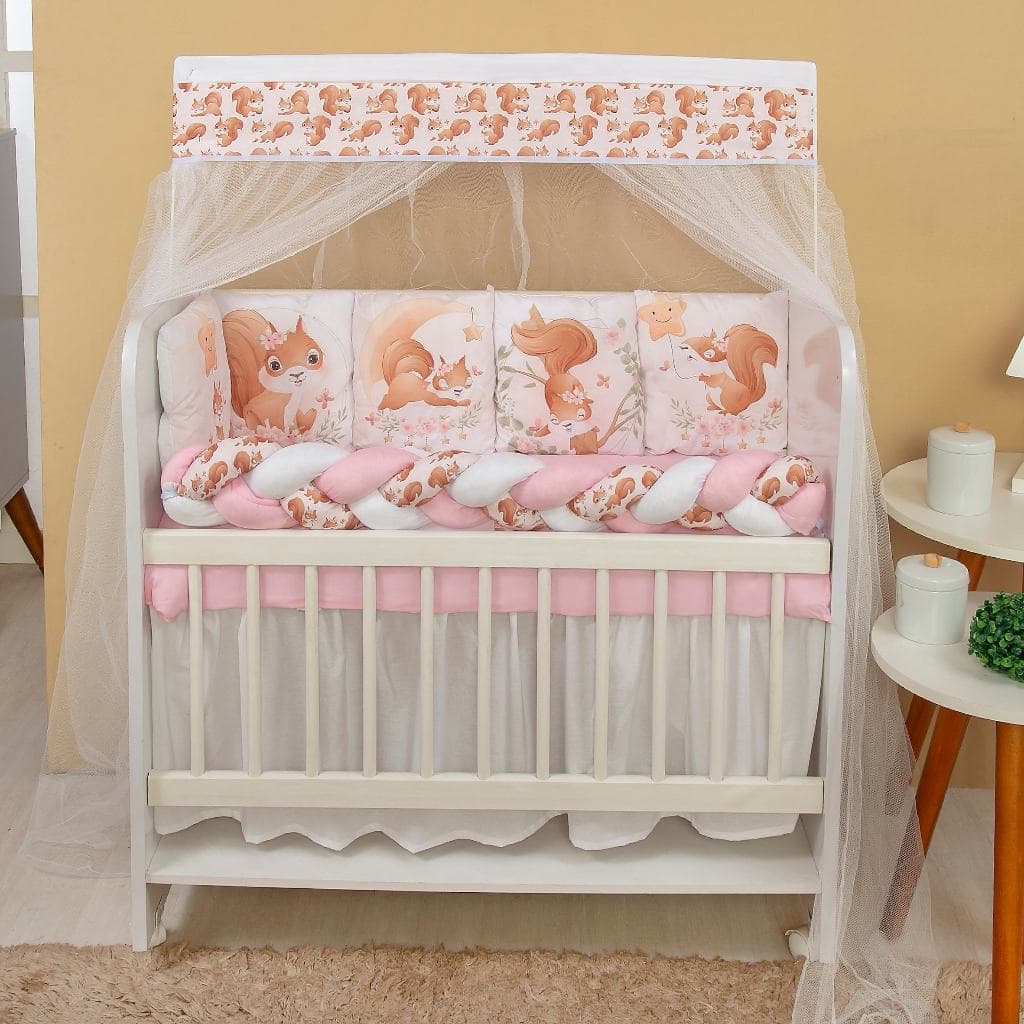 Kit Mini Berço com 12 peças + Saia de Berço Bebê Menina Esquilo