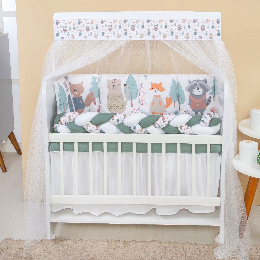 Kit Mini Berço com 12 peças + Saia de Berço Bebê Menino Bosque