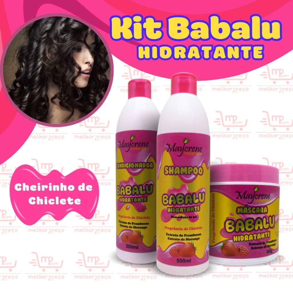 Kit Morango e Framboesa Hidratante Capilar de Chiclete Maycrene Shampoo, Condicionador e Máscara 3x500