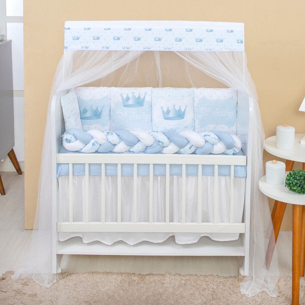 Kit Mini Berço com 12 peças + Saia de Berço Bebê Realeza Azul