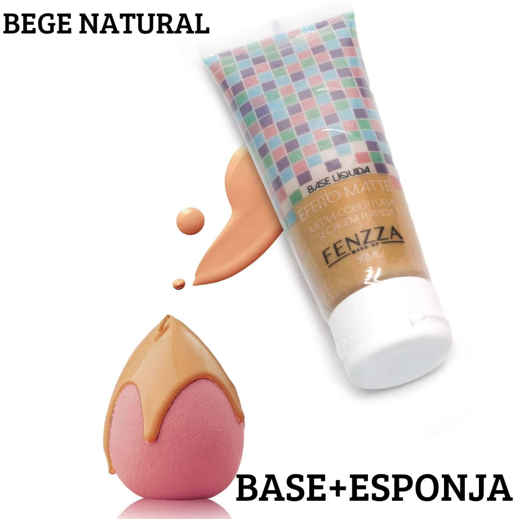 Base Liquida Cor Bege Natural Efeito Matte, Secagem Rápida + Esponja Gota Para Base e Pó Facial Solto 2 Unidades Maquiagem Fenzza