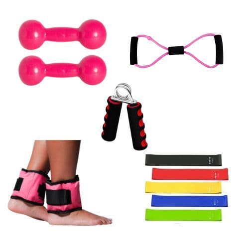 Kit Treino Completo Rosa Par Halter 1 Kg Emborrachado + Par Caneleira 1Kg+Handgrip+Kit Theraband+Elástico Multifuncional