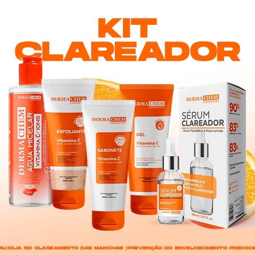 🍊 Kit Skincare Vitamina C Dermacrem – Clareador, Anti-idade & Anti-manchas ✨ + Serum Peonia