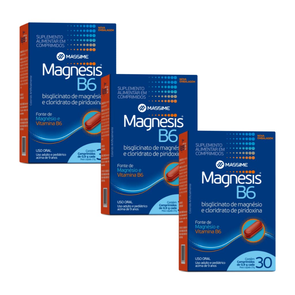 3x Magnesis B6 30 comprimidos - Suplemento Alimentar Magnésio E Vitamina B6 - Massime
