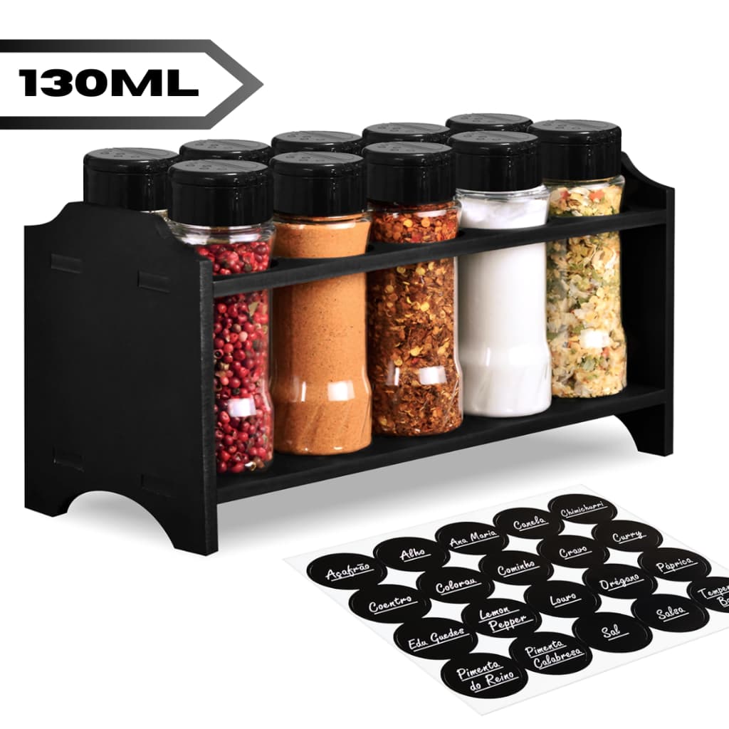Porta Tempero MDF 6mm + 10 Potes para Tempero Plástico 130ml Tampa Dosadora Dupla Organiza Temperos