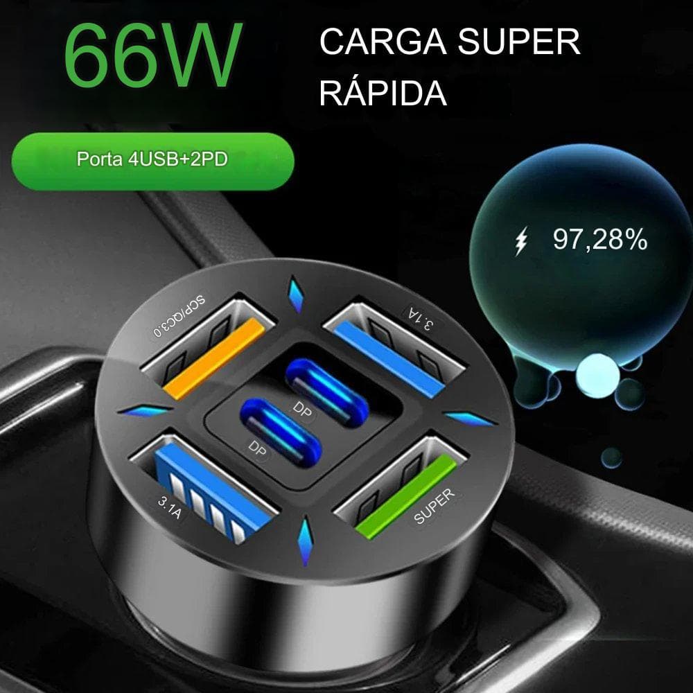 Carregador de Celular Para Carro 66W Turbo de Carregamento Rápido USB + PD Carregador Veicular