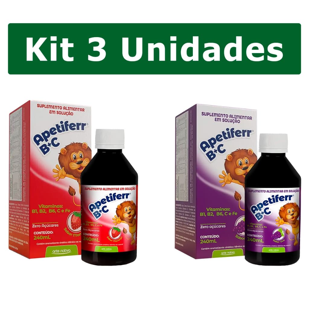 Kit 3 Apetiferr BC Suplemento Infantil Vitamina B e C Para Crianças 240ml Arte Nativa Sabores