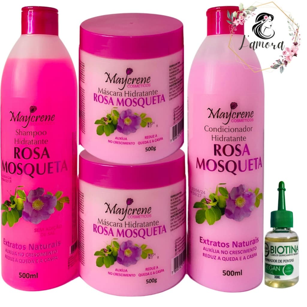 Kit Capilar maycrene rosa mosqueta hidratante 500ml ( shampoo, cond, 2 mascaras + oleo biotina 30ml)