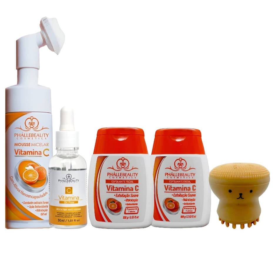 Kit Mousse vitamina c + Sérum vitamina c + Sabonete vitamina c + Esfoliante facial vitamina c + Esponja polvo