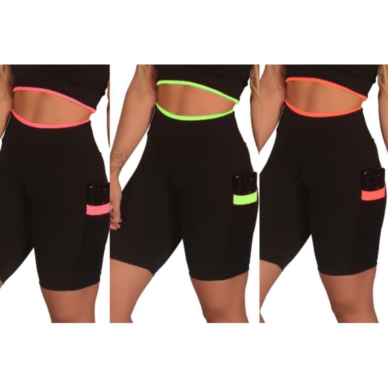 Kit com 3 Bermudas Fitness Femininas B44 com Bolso Lateral.