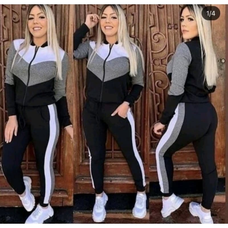 Conjunto moletom feminino malha crep ziper
