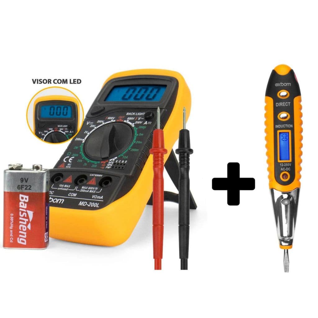 Kit 2 em 1 Multímetro Profissional Painel digital Iluminado bateria 9V + Caneta Teste Tensão Corrent