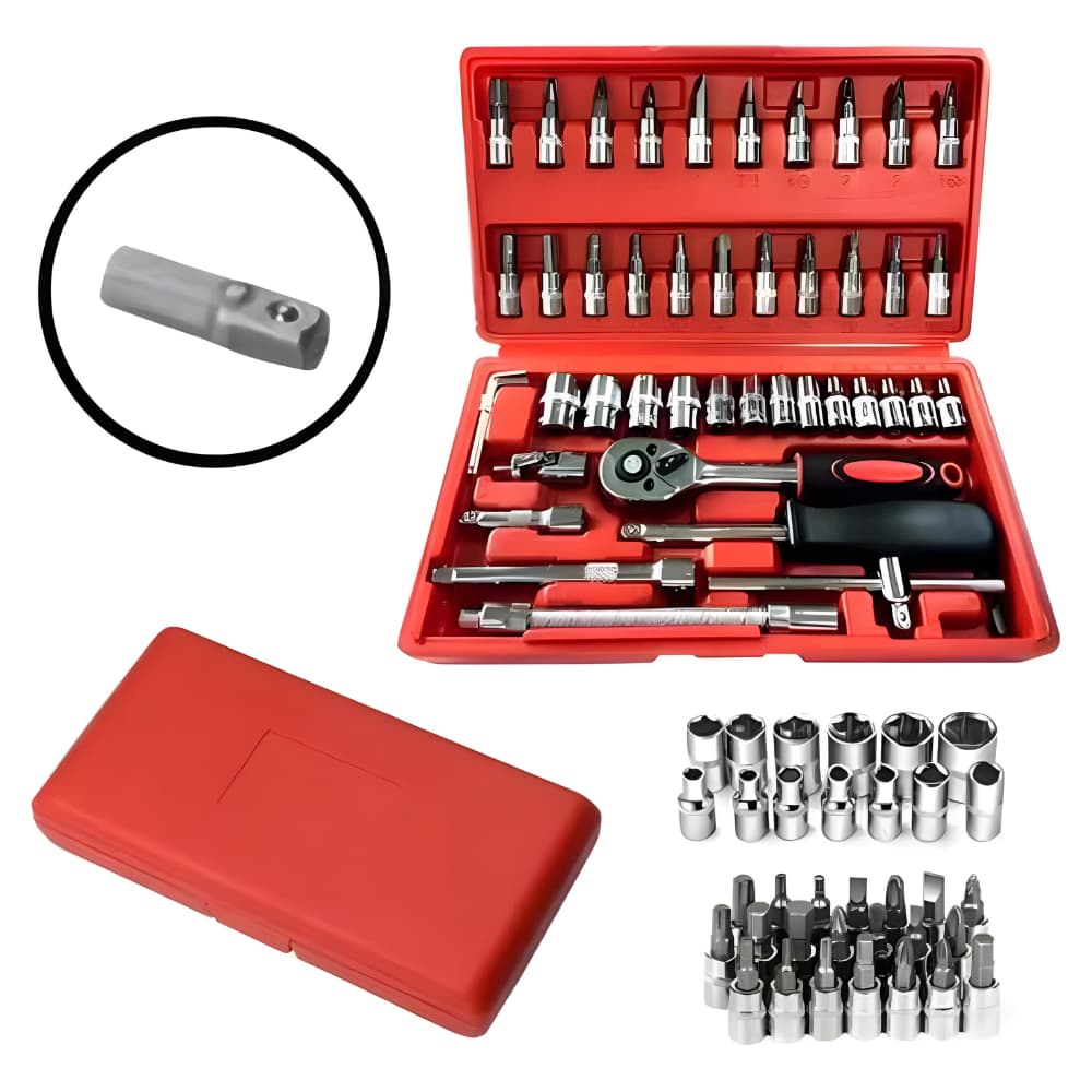 Kit De Ferramentas 46 Peças Chave Catraca Reversível Com Maleta Jogo de Soquete Para Reparo E Manutenção