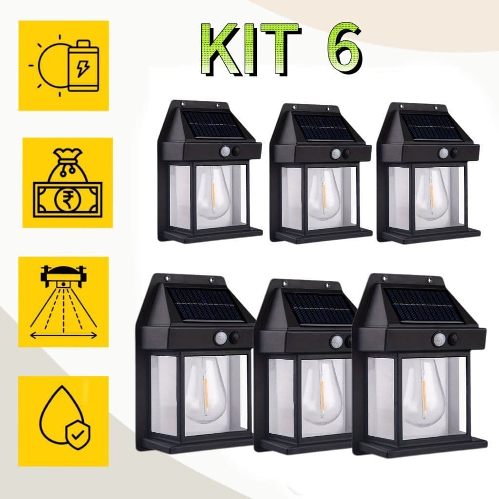 Kit 6 Luminária Arandela Vintage Placa Solar Lâmpada Externa Moderna Decoração Com Sensor De Movimento-LT8609
