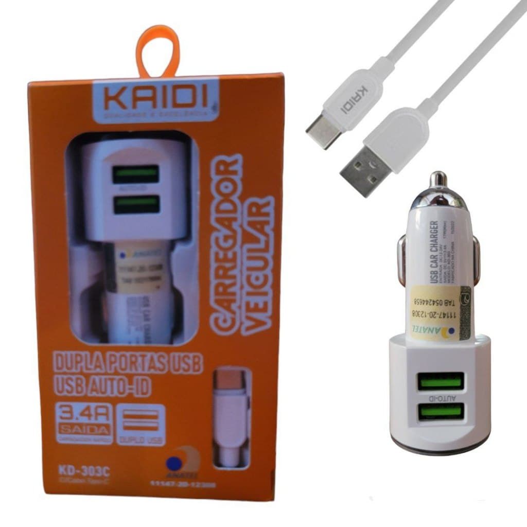 CARREGADOR VEÍCULAR PARA ANDROID KD-303C PORTA DUPLA USB CARREGAMENTO RÁPIDO CARREGADOR TIPO C