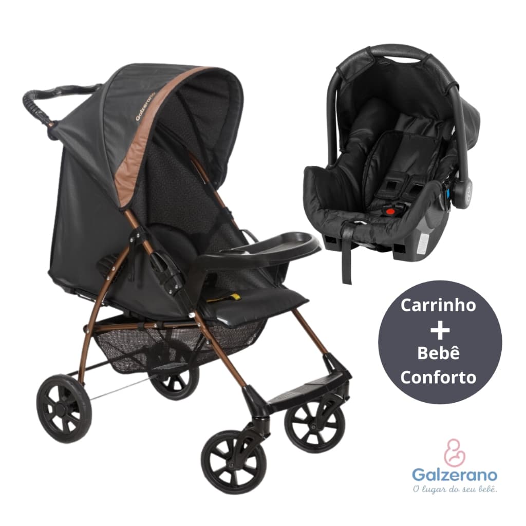 Kit Carrinho De Bebê Romano Galzerano E Bebê Conforto Carro até 22 kg 3 em 1 Passeio Berço Reclinável Retrátil Crianças