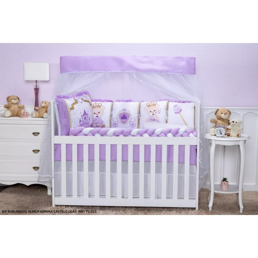 Kit Berço Castelinho Lilás 13 Peças Bebê Menina Enxoval Completo Almofadinhas Mosquiteiro
