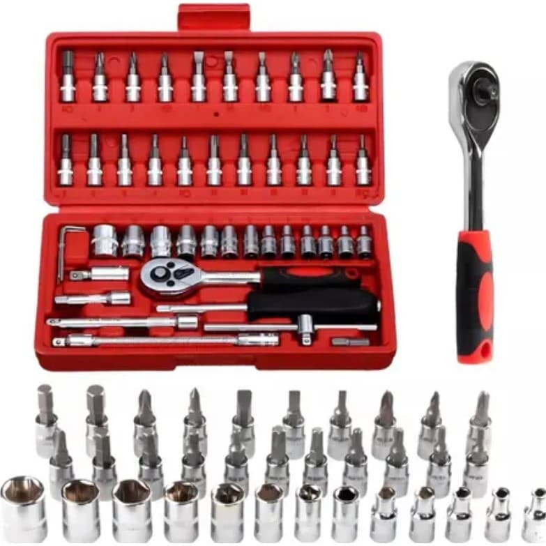 Kit Jogo de Soquete 46 Peças Chave Catraca Reversível com Maleta