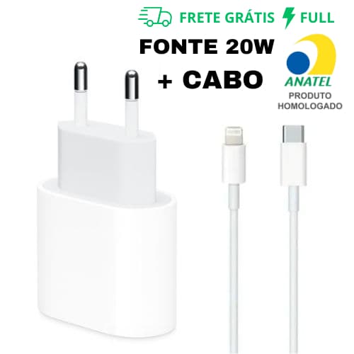 FONTE TURBO DE CARREGAMENTO RÁPIDO 20W USB-C + CABO USB-C LIGHTNING DE 1 OU 2 METROS