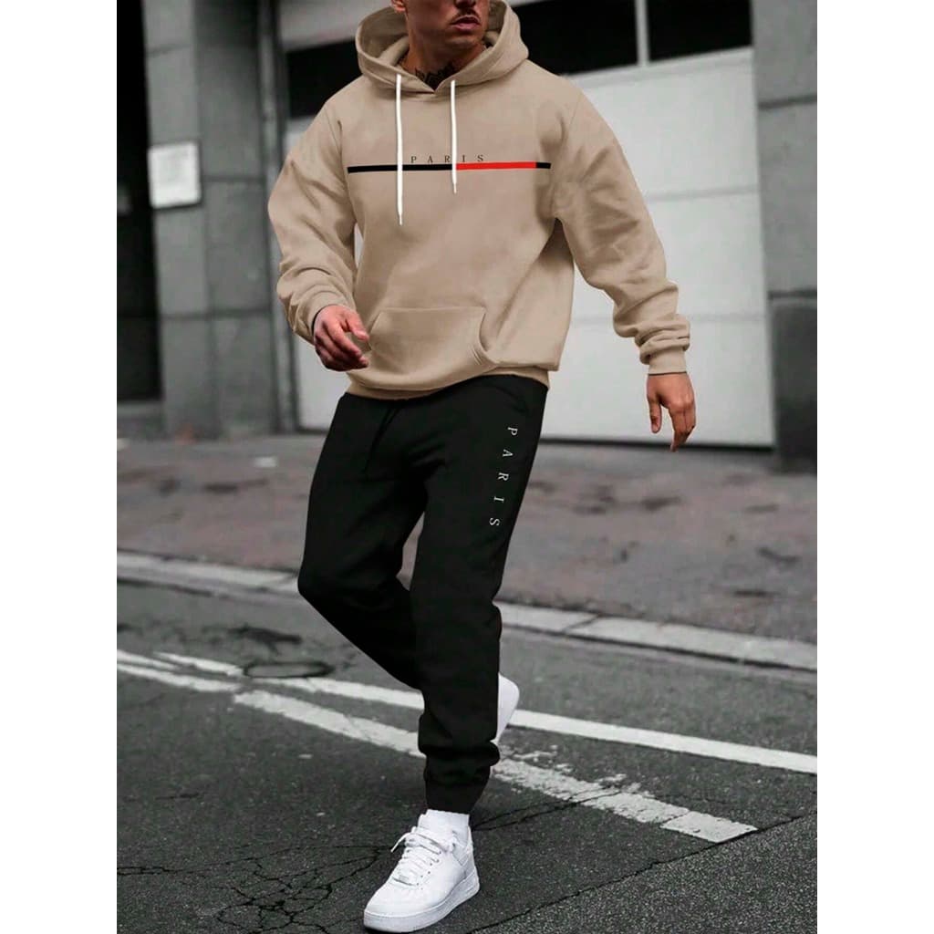 Conjunto Blusa de Frio Casaco Esporte Canguru Paris Com Bolso Capuz + Calça Paris Moletom Unissex