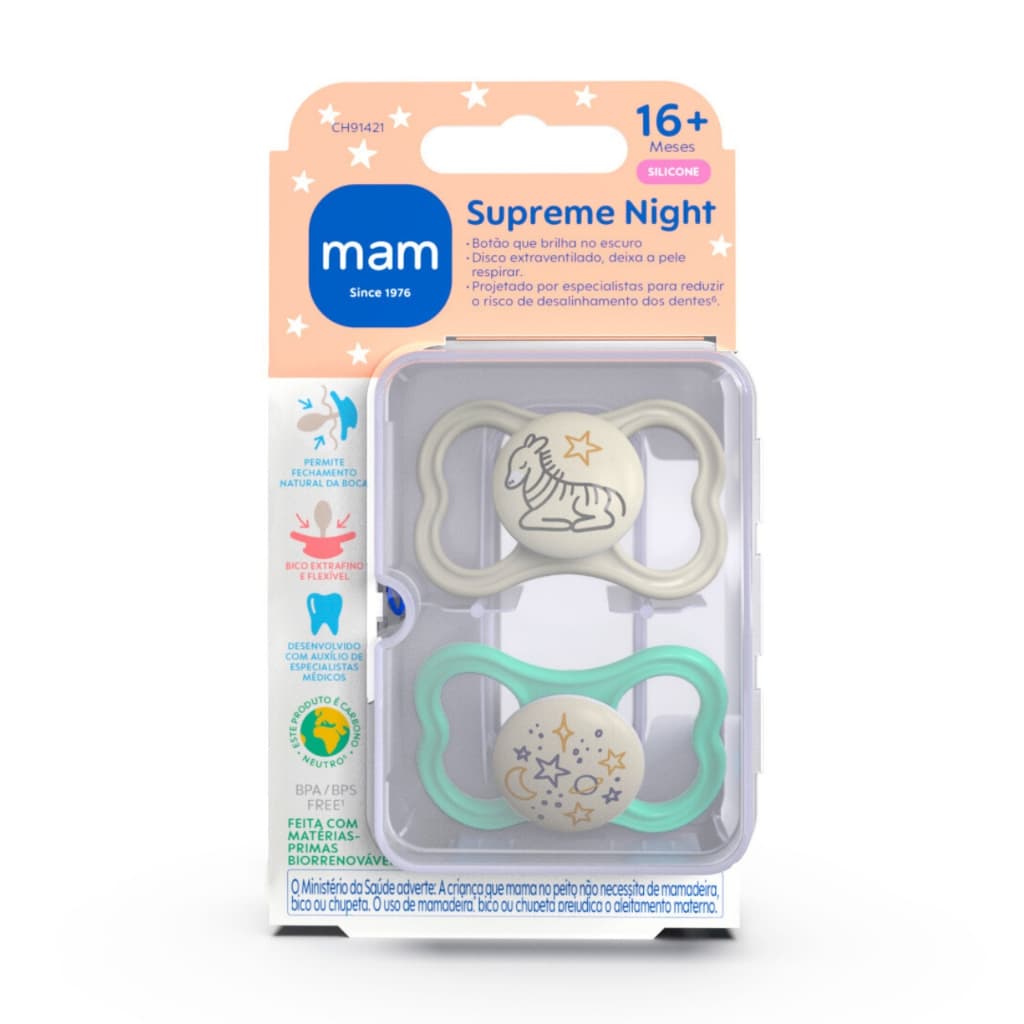 Chupeta MAM Supreme Night +16 Meses Dupla Brilha no Escuro Menino Chupeta de Bebê