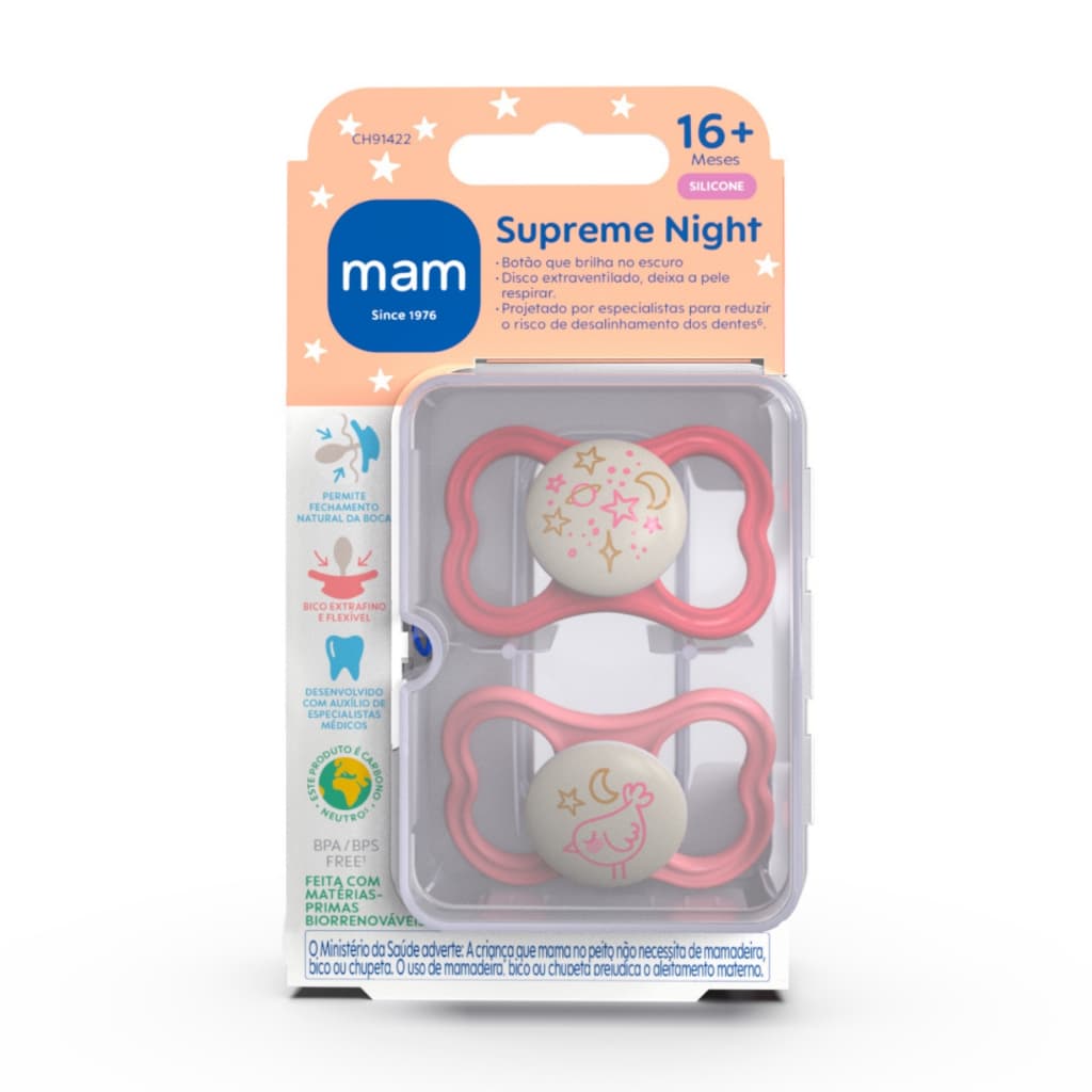 Chupeta MAM Supreme Night +16 Meses Dupla Brilha no Escuro Menina Rosa Chupeta de Bebê