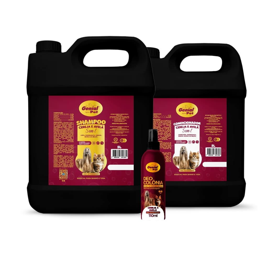 Shampoo + Condicionador Cereja e Avelã 5l + Colônia 110ml para Cães e Gatos Genial Pet Banho e Tosa