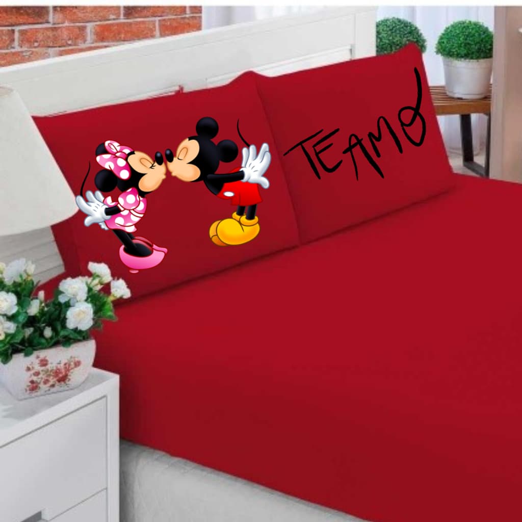 Jogo de lençol Casal/Queen/King 3 peças c/elástico estampado mickey minnie Eu te amo MINNIE ROSA TE AMO